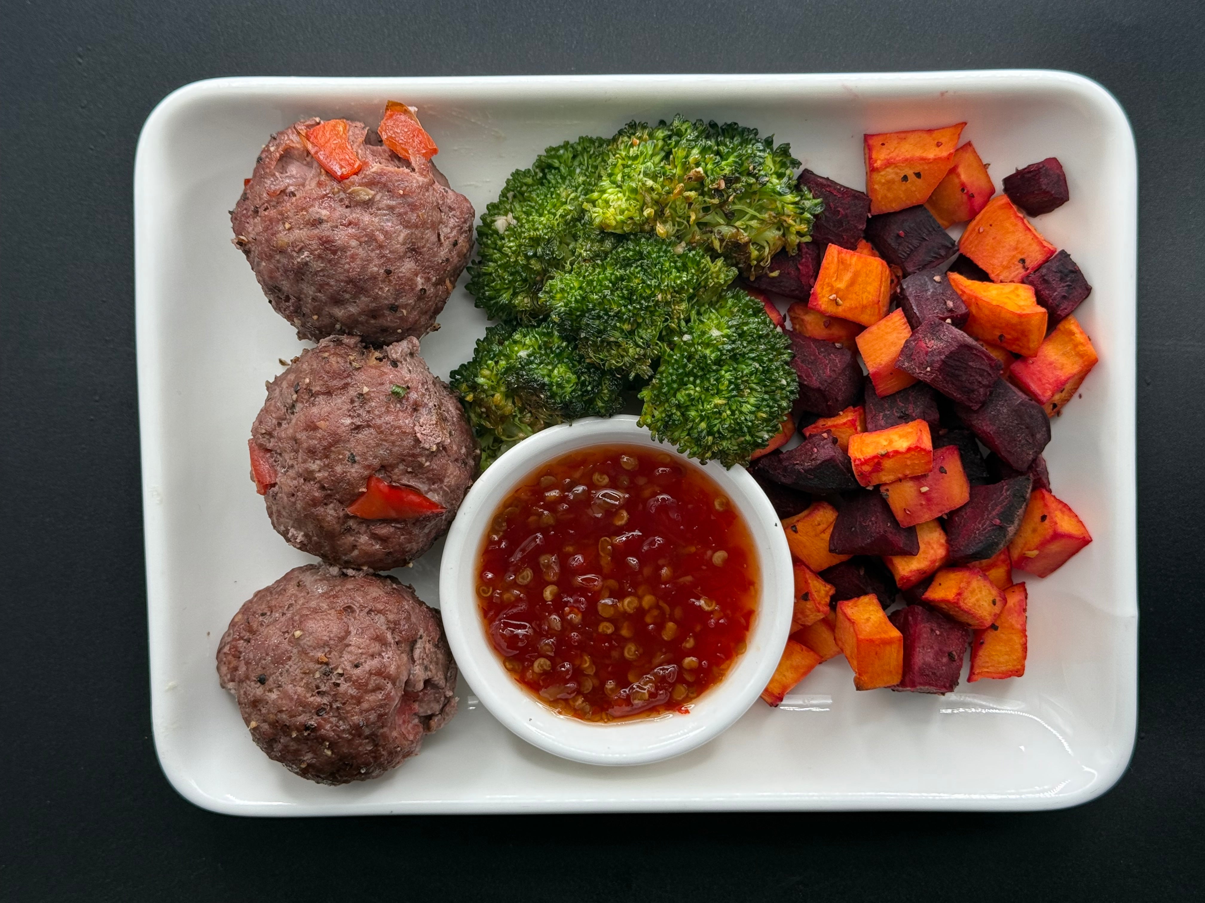 Bison Meatballs with Sweet Potatoes and Beets