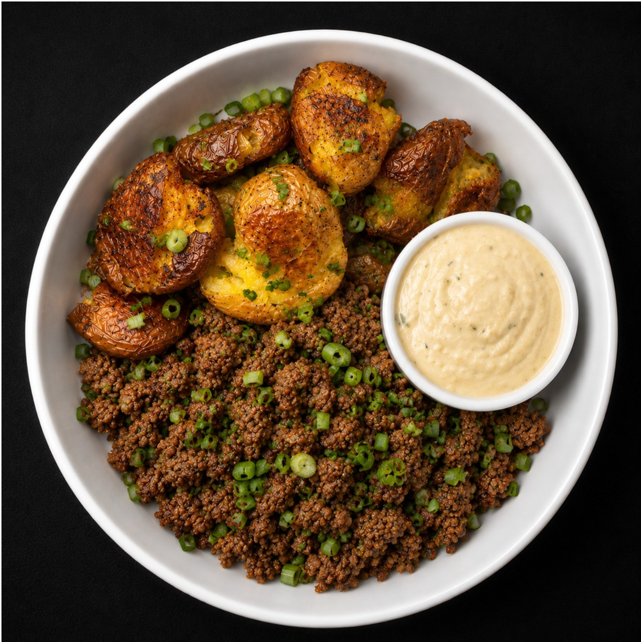 Smashed Garlic Potato Beef Bowl